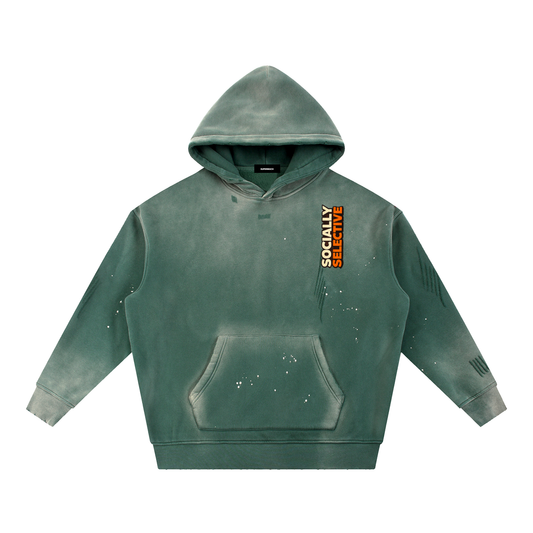Women's retro green vintage washed frayed fleece hoodie — SUPERMUCH