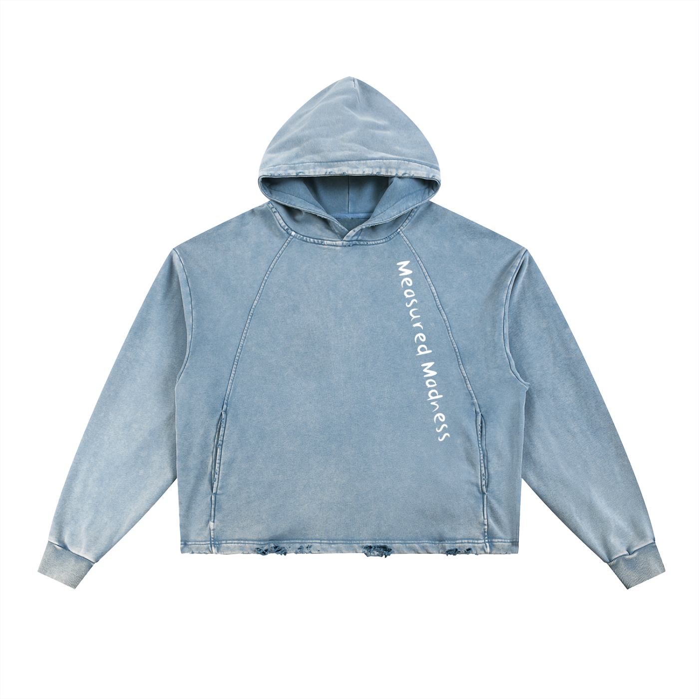 Blue hoodie with 'Measured Madness' text on a white background