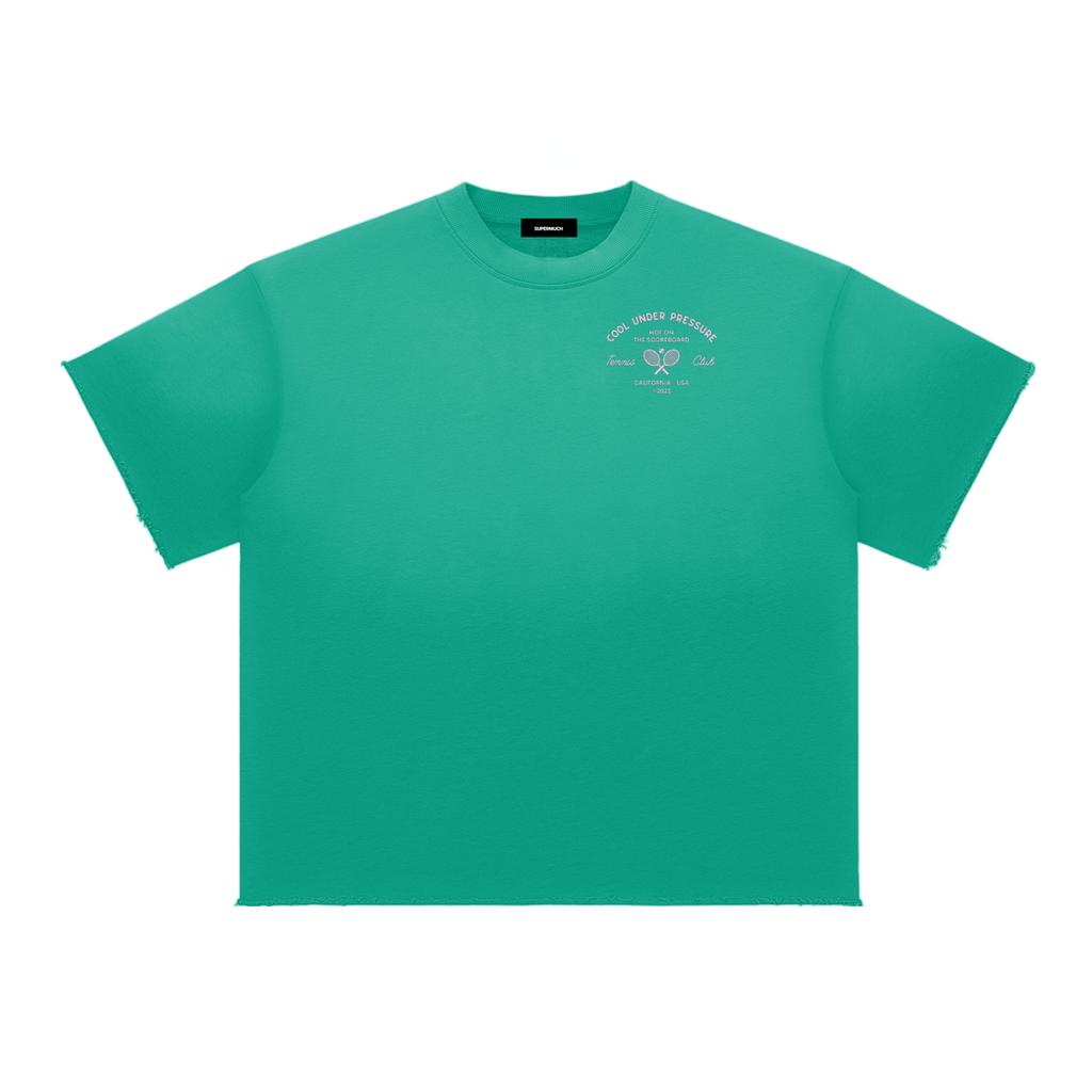 Green t-shirt with a small logo on a white background
