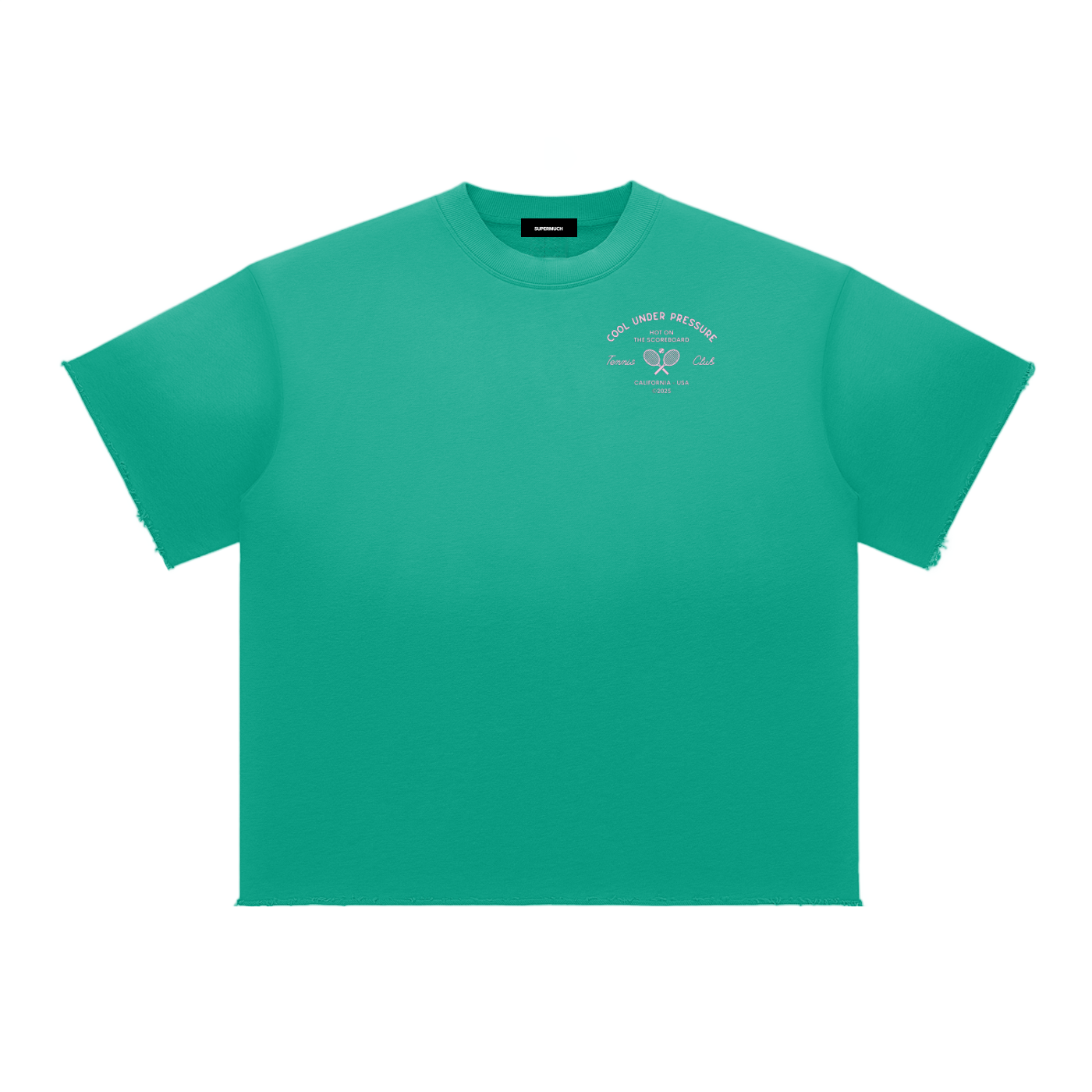 Green t-shirt with a small logo on a white background