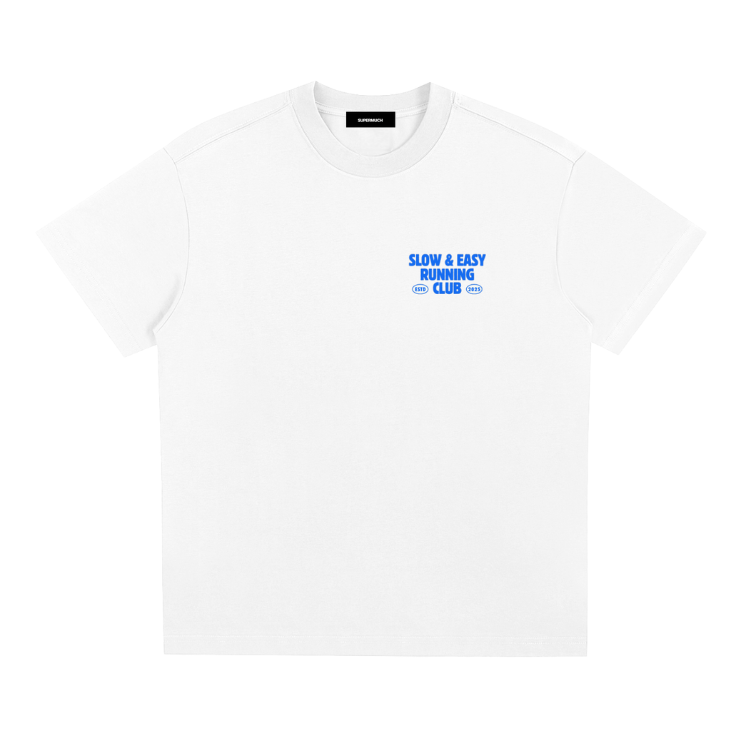 White t-shirt with blue text on a white background