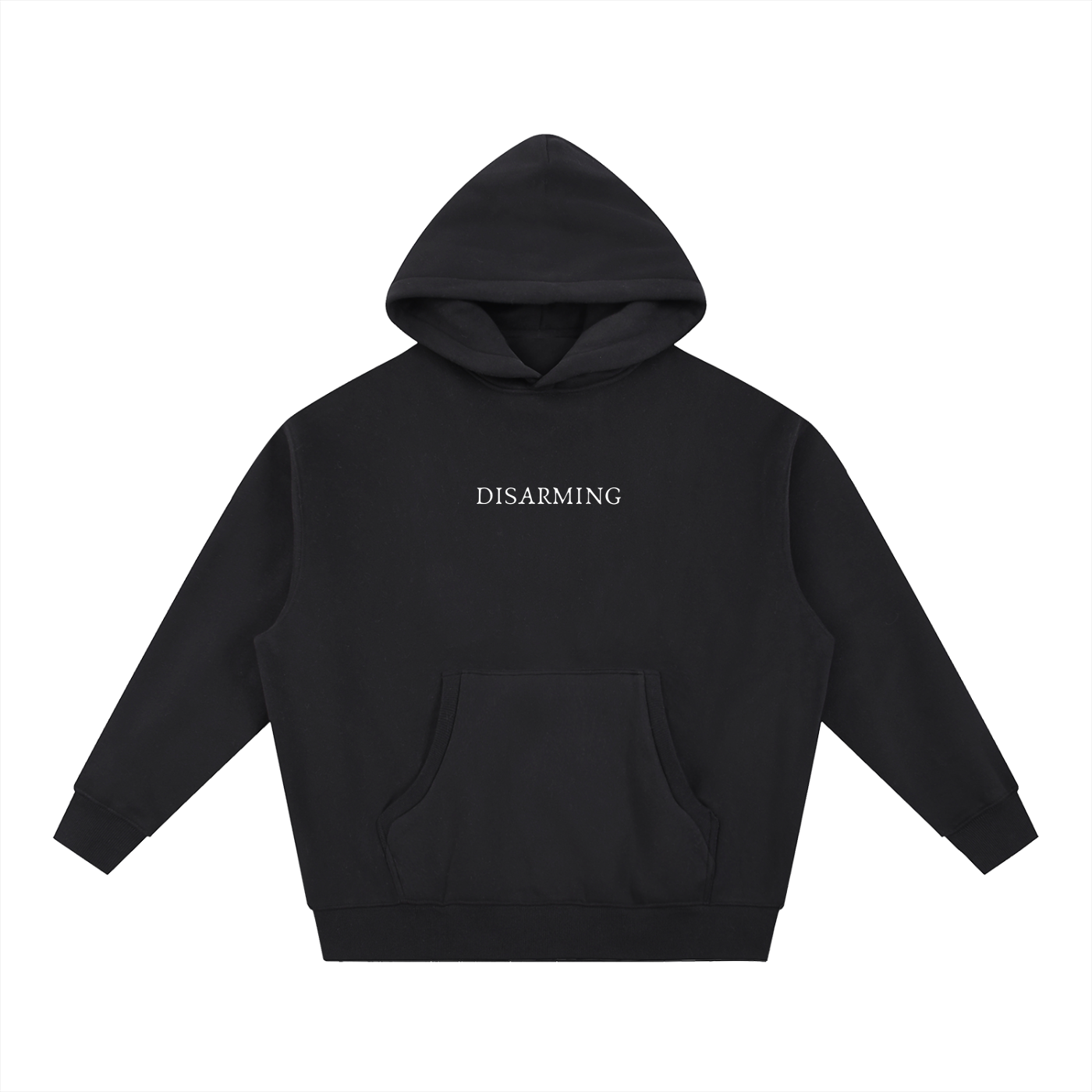 Black hoodie with 'DISARMING' text on a white background