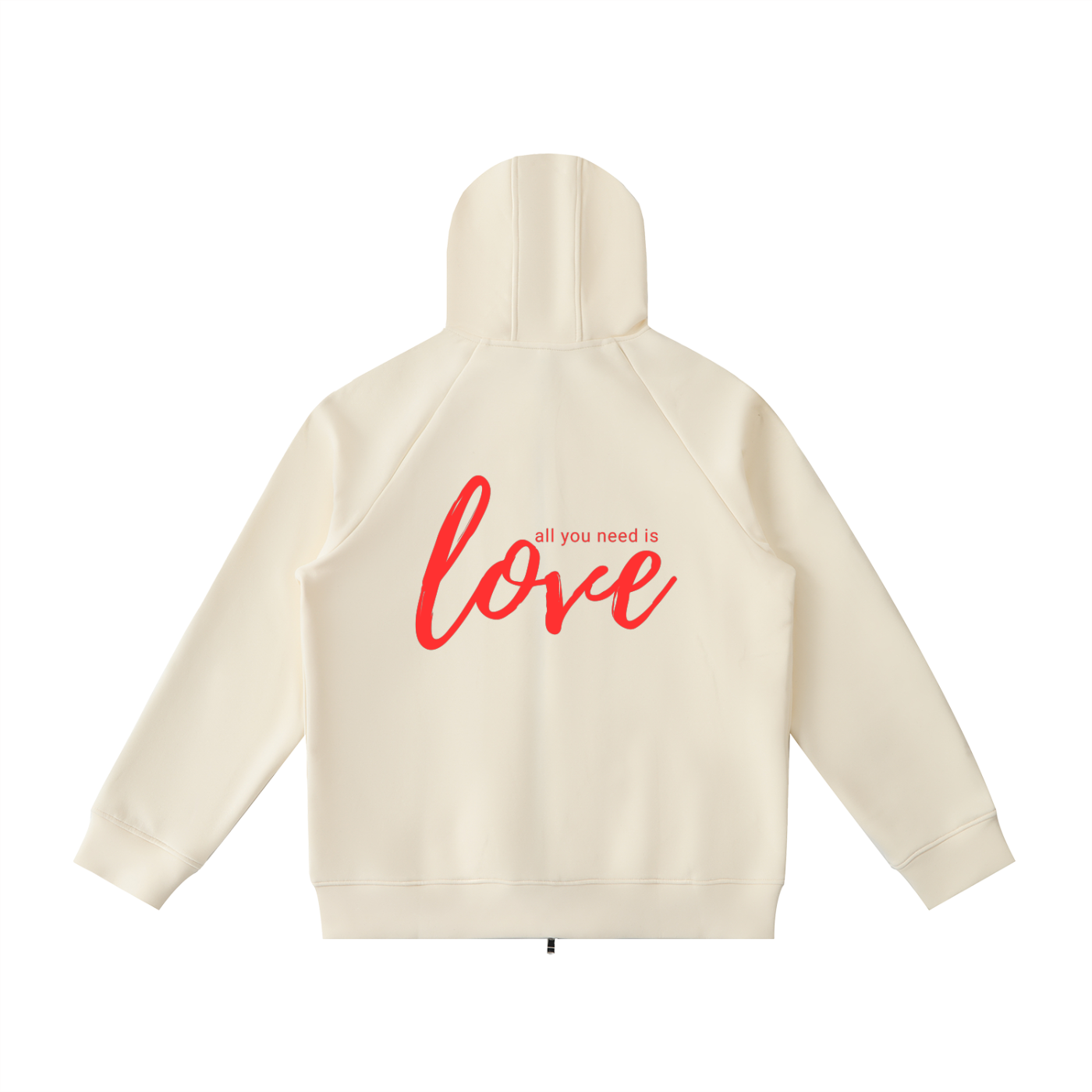 Beige hoodie with red text 'all you need is love' on a white background