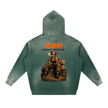 Women's retro green vintage washed frayed fleece hoodie — SUPERMUCH