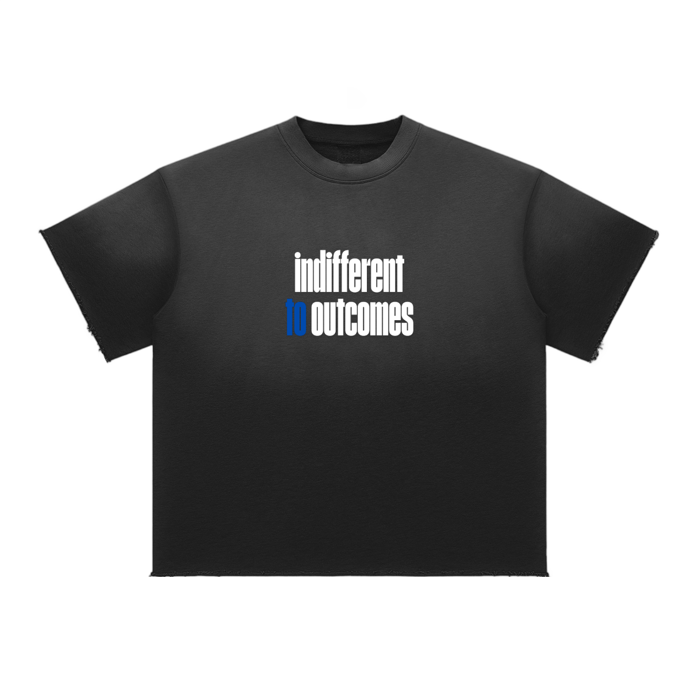Black t-shirt with 'indifferent outcomes' text on a white background