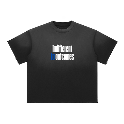 Black t-shirt with 'indifferent outcomes' text on a white background
