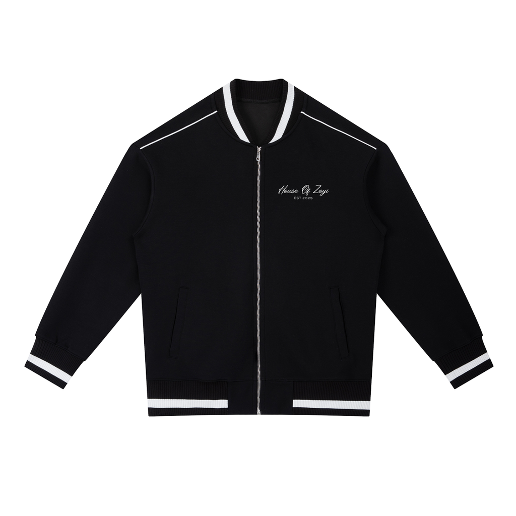 Black Contrast Piping Zip Bomber Jacket