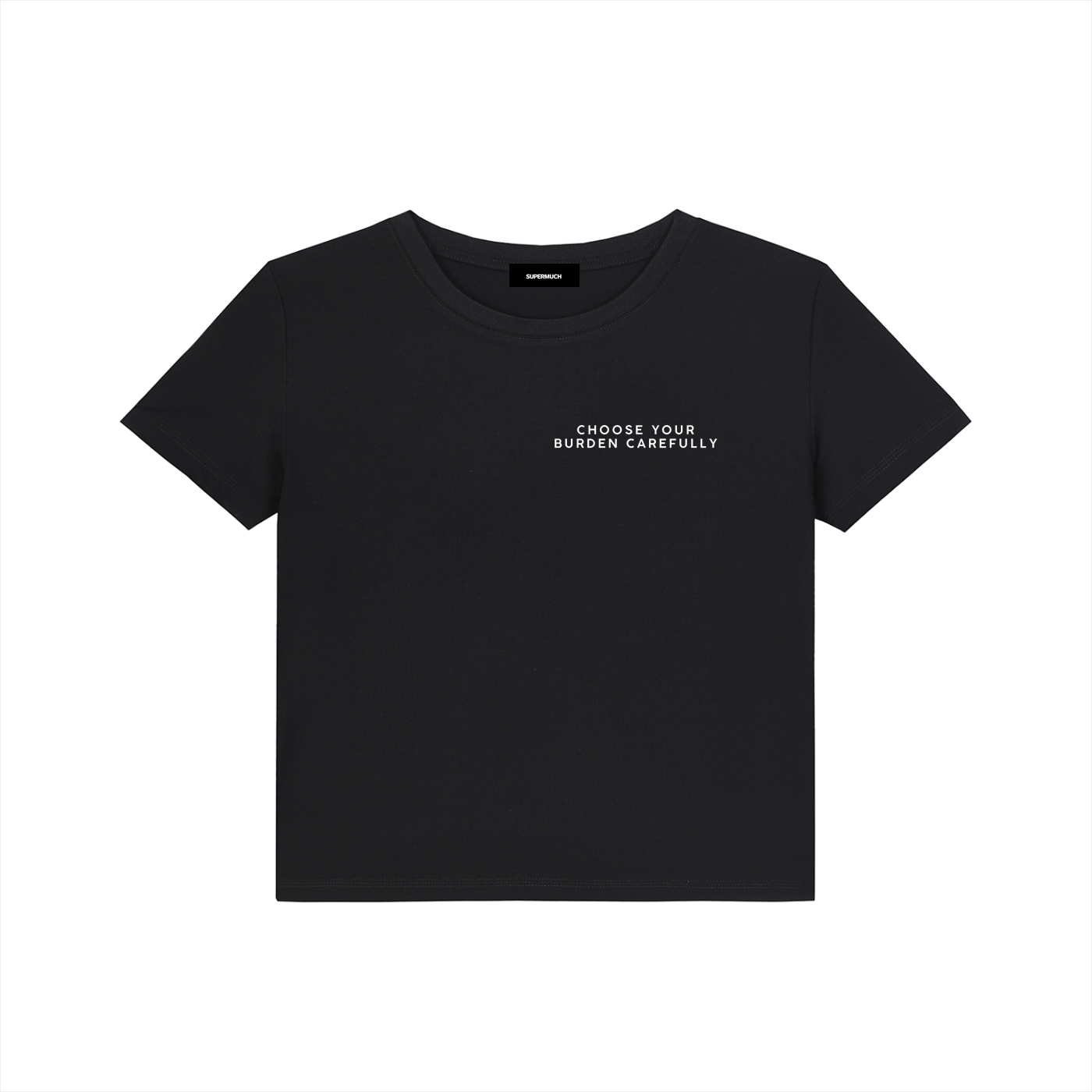Black t-shirt with white text on Supermuch