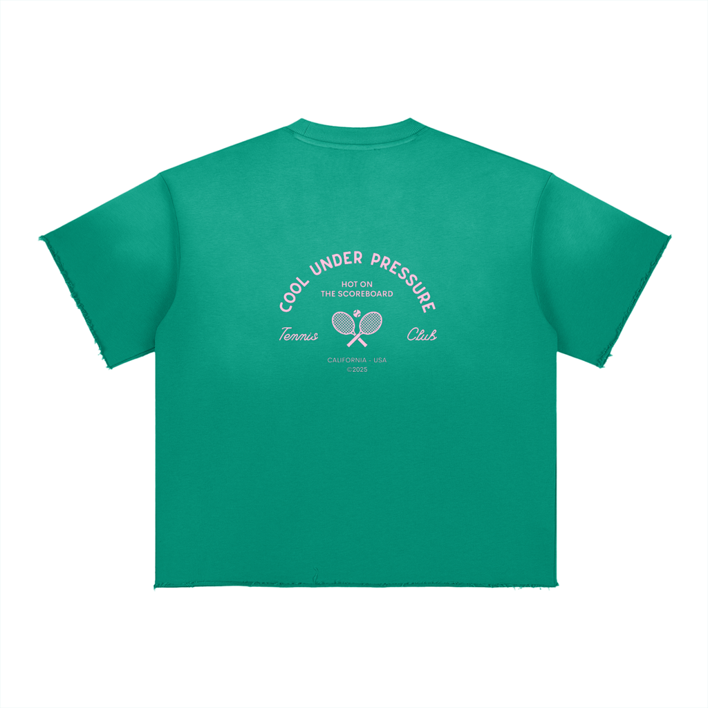 Green t-shirt with white text and graphics on a white background