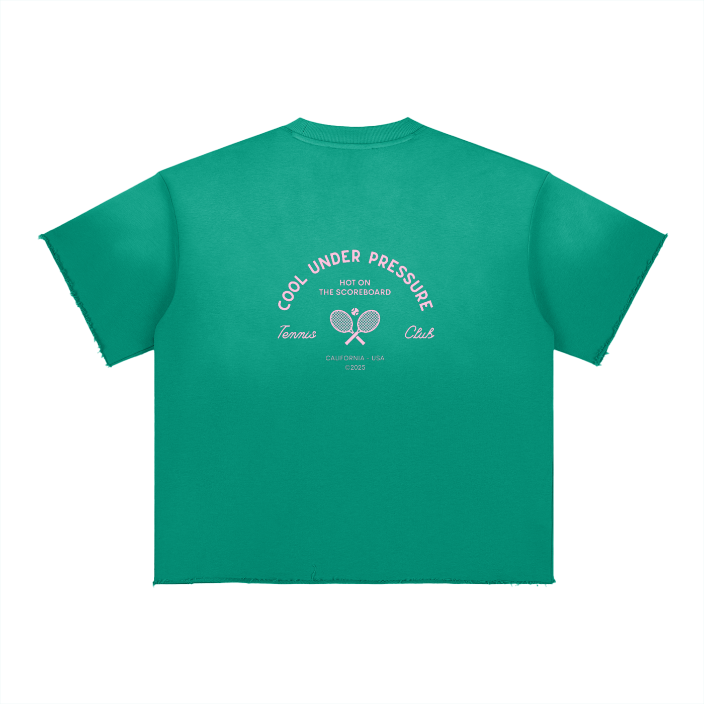 Green t-shirt with white text and graphics on a white background