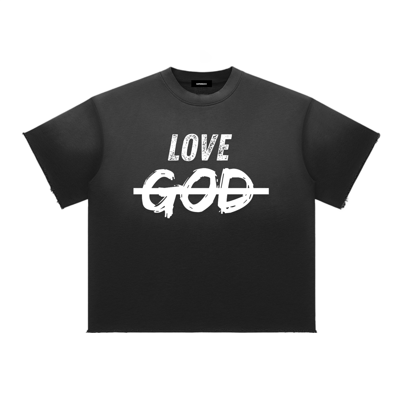 Black t-shirt with 'LOVE GOD' text on a white background