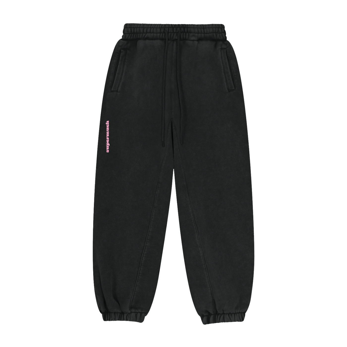 Black sweatpants with a small pink logo on a white background