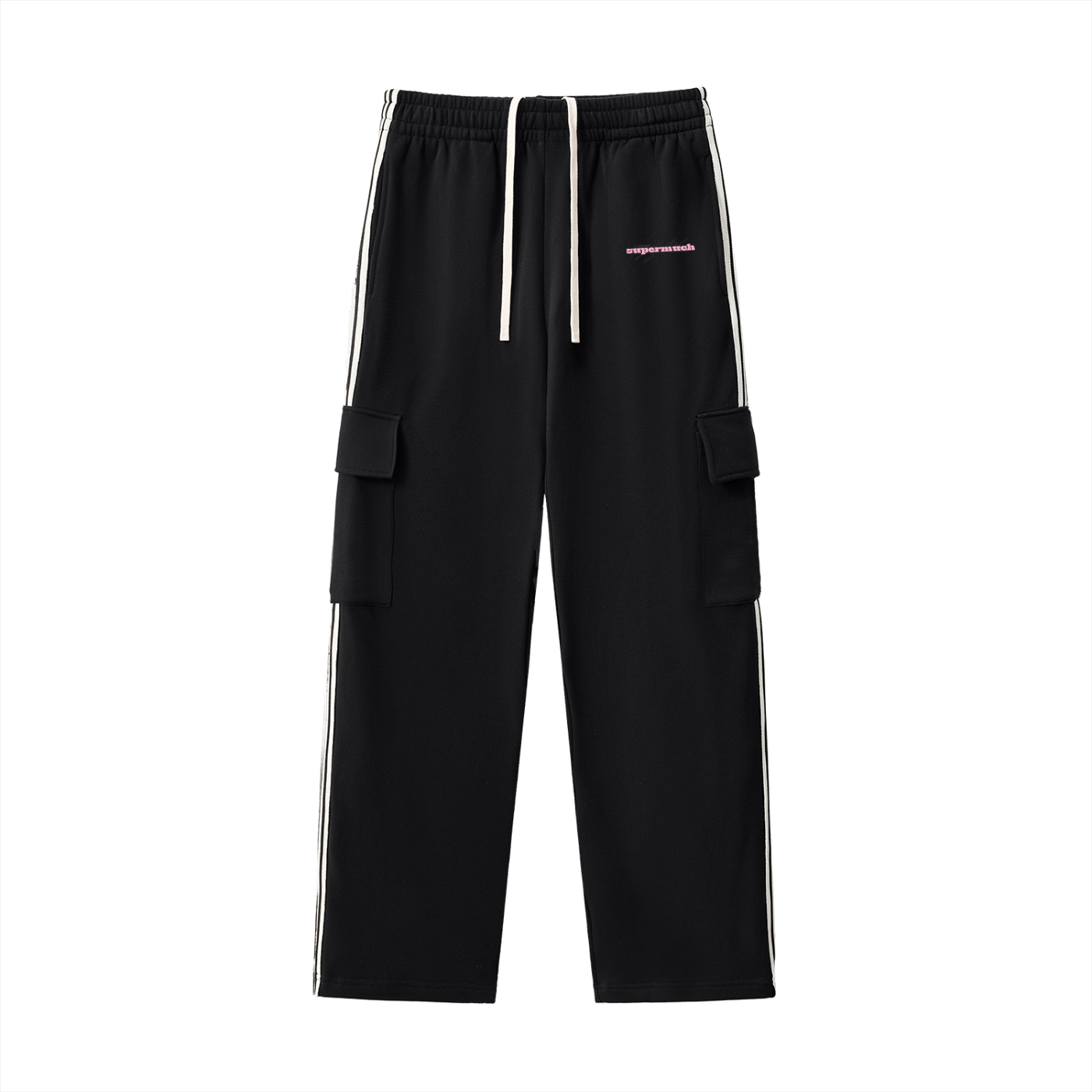 Black cargo pants with white stripes on a white background