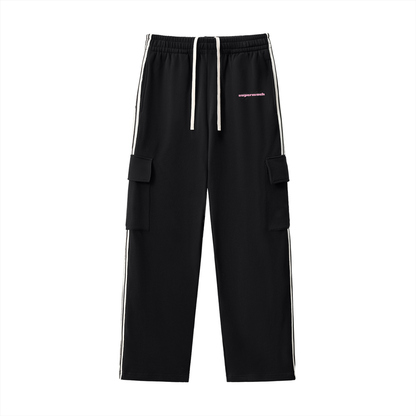 Black cargo pants with white stripes on a white background