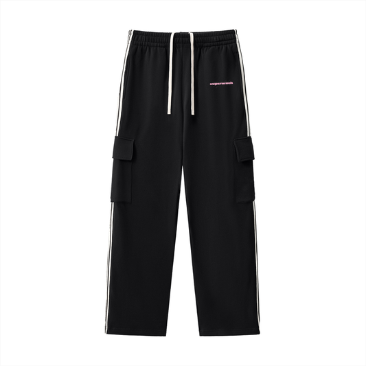 Black cargo pants with white stripes on a white background