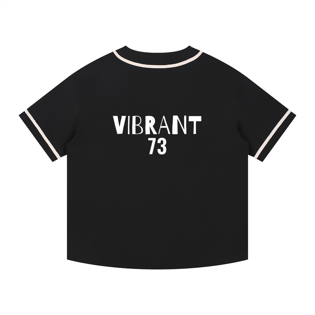 Black shirt with 'Vibrant 73' text on a white background