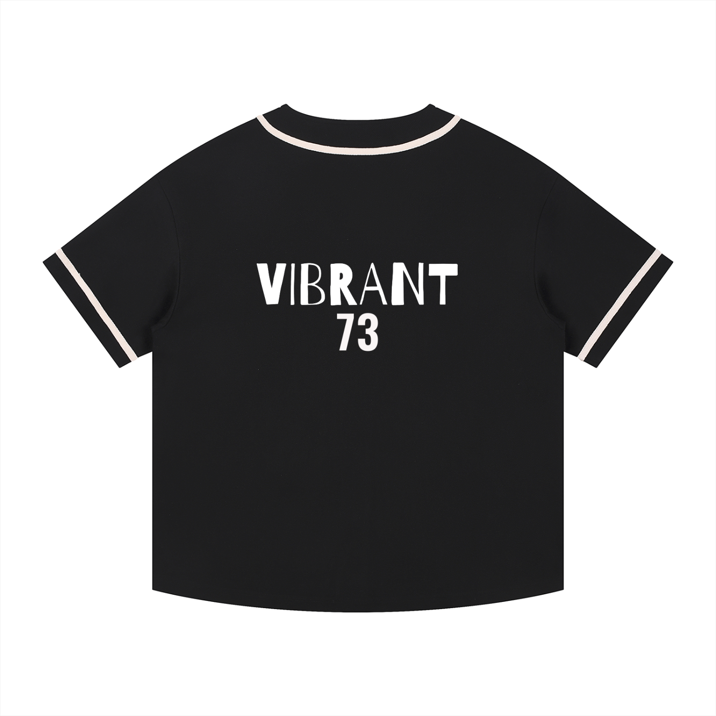 Black shirt with 'Vibrant 73' text on a white background