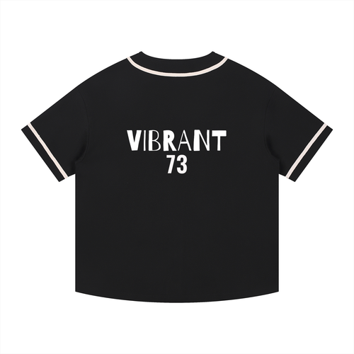 Black shirt with 'Vibrant 73' text on a white background