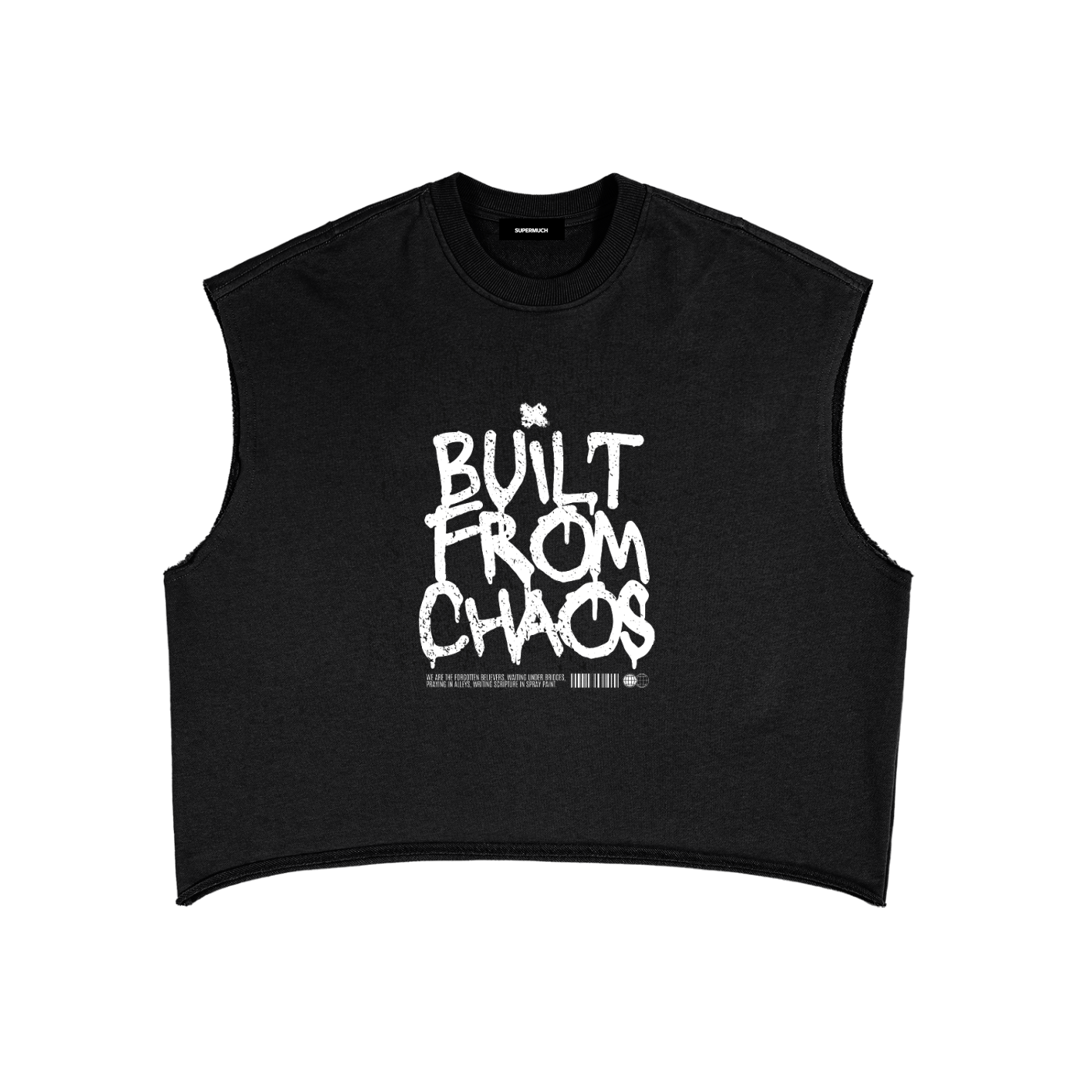 Black sleeveless shirt with 'Built from Chaos' text on a white background
