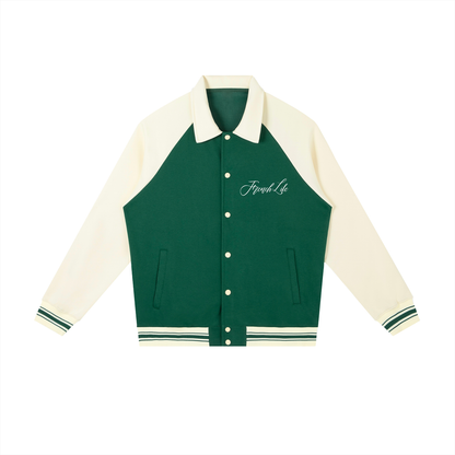 Women's green contrast raglan sleeve baseball jacket — SUPERMUCH