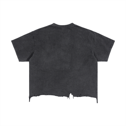 Women's black vintage wash boxy distressed hem t-shirt — SUPERMUCH