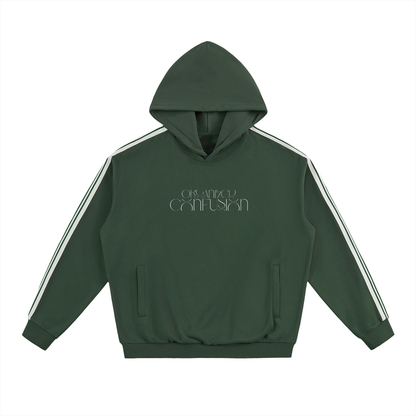 Green hoodie with white stripes on sleeves and brand logo on a white background