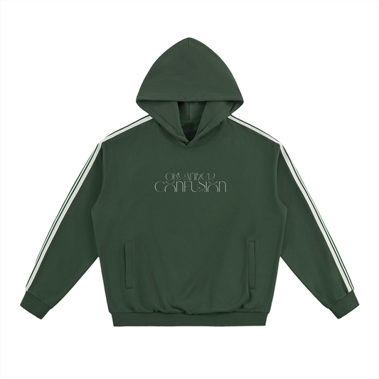 Green hoodie with white stripes on sleeves and brand logo on a white background